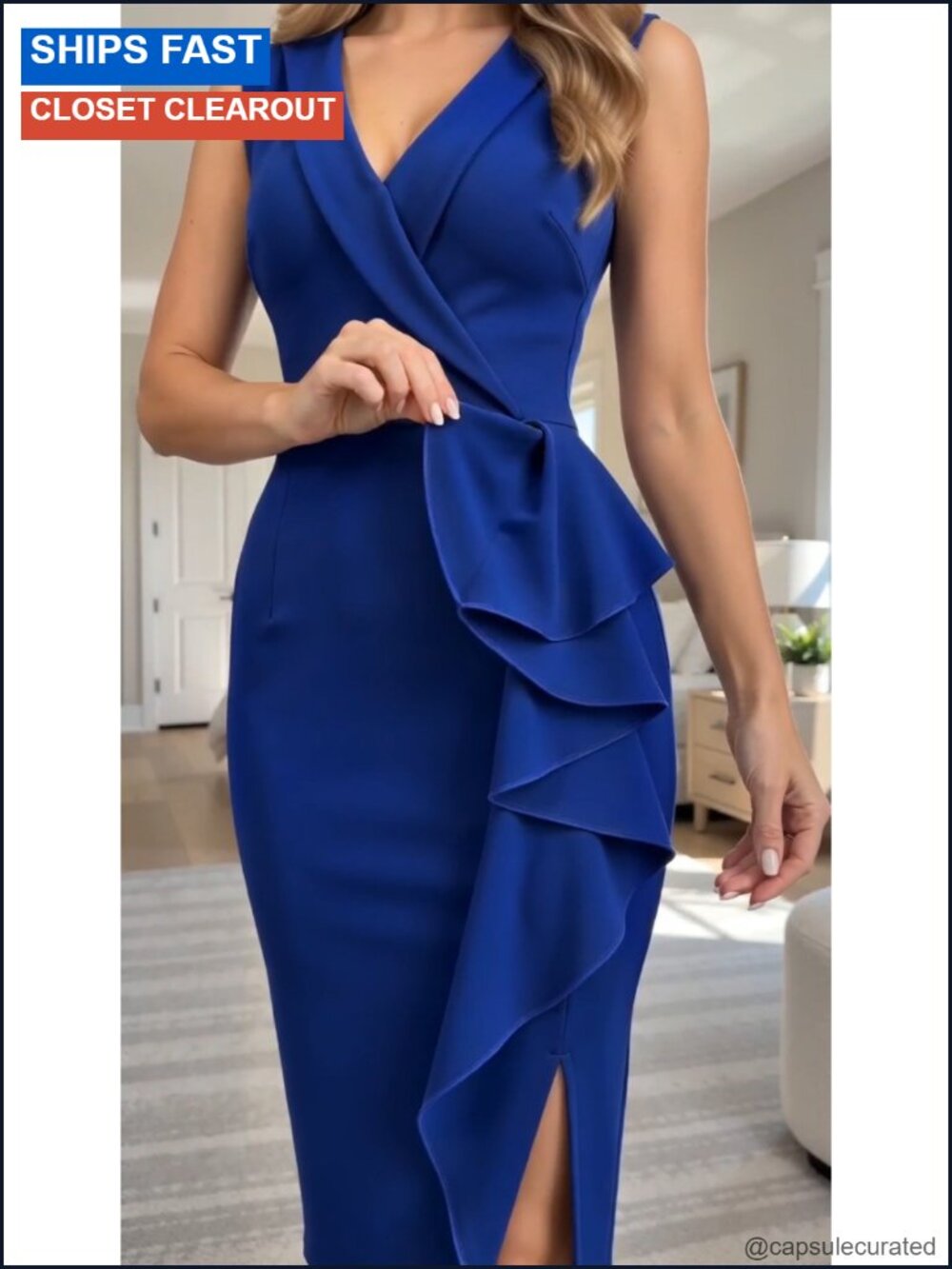 Business V-Neck Ruffle Sheath Cocktail Dress Knee Length - Picture 6 of 6